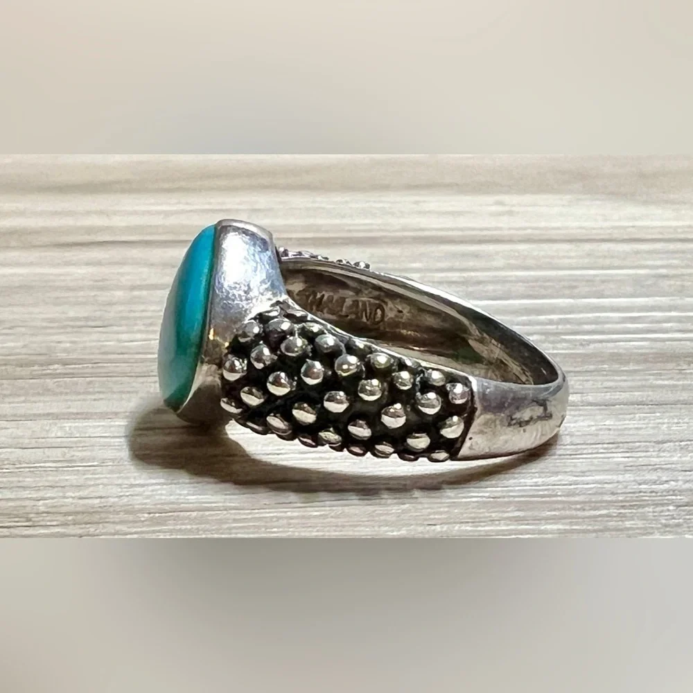 Vintage Designer Sterling Silver Pebbled Caviar Pointed Turquoise Ring, Size 6